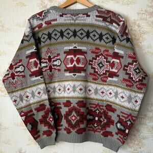 Vintage 70s Boxy Cropped Knit Sweater | Earth Tone Aztec Southwest | Women's L